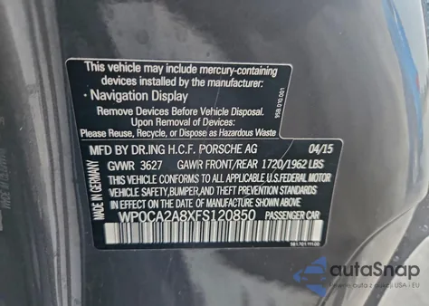 2015 Porsche Boxster z USA, uszkodzony, nr VIN WP0CA2A8XFS120850